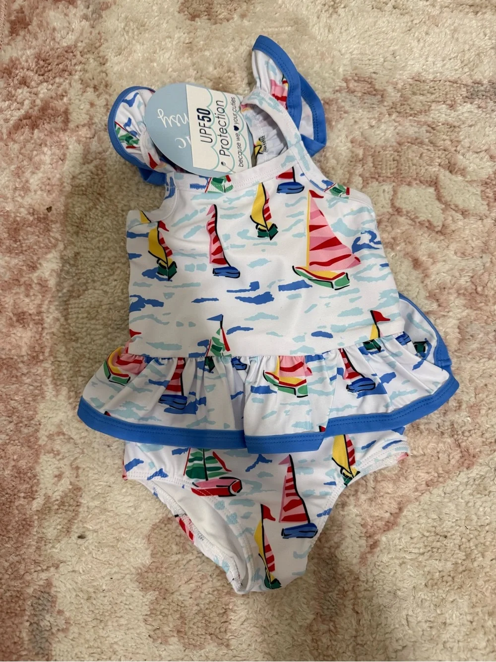 Girls' Sailboat Print UPF Swim Dress - White with Multicolor Sails